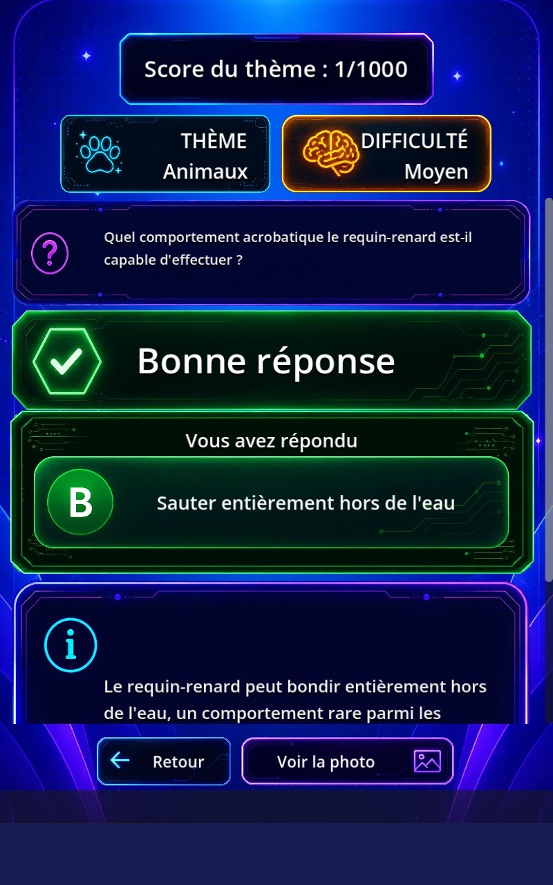 Écran indiquant une bonne réponse dans Quizovore