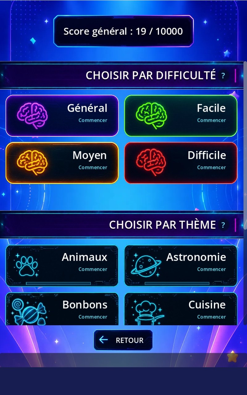 Écran de choix des thèmes et des difficultés dans Quizovore