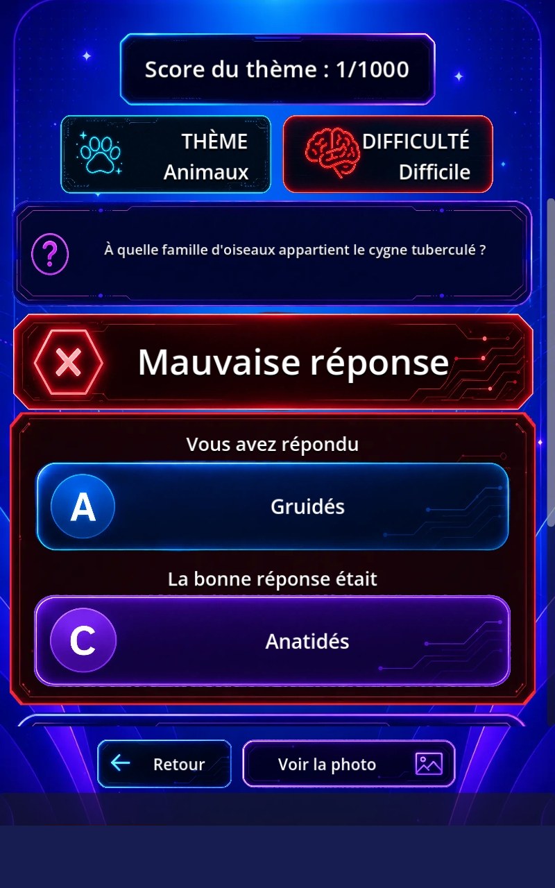 Écran indiquant une mauvaise réponse et la bonne réponse dans Quizovore